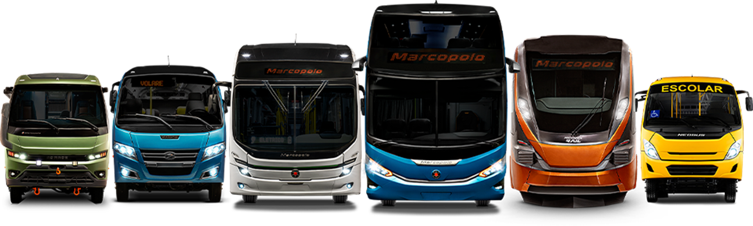 The Marcopolo product range — from city buses and BRT to luxury coaches and rail